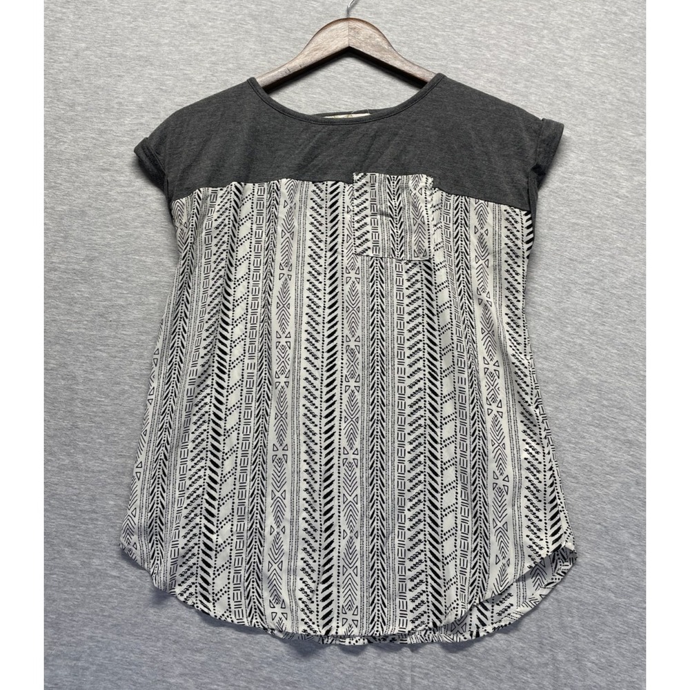 Rewind Blouse Top Womens XS Charcoal Gray Paired Print Cuffed Seeve Crew Neck